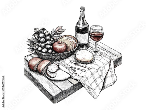 Old engraving summer table decor, vintage holiday food sketch, hand-drawn black picnic scene, rustic countryside motif, seasonal lunch outdoors, trendy vintage illustration,