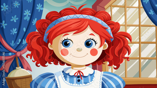 With her red yarn hair, stitched heart on her chest, and soft cotton body, Raggedy Ann smiles sweetly in a quiet room with lace curtains. Her blue dress and apron look gently worn. A rocking horse and