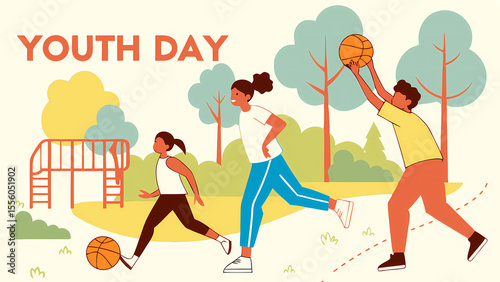 Youth day celebration vector illustration with kids playing basketball in the park background design