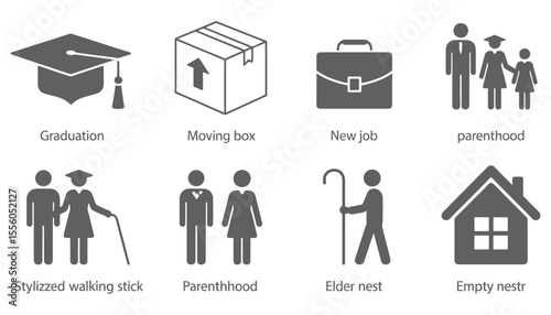 Real estate icon set features vector pictograms of people, families, and couples with houses, homes, and business concepts, perfect for design illustrations