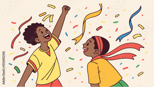 Celebration illustration of happy kids with confetti and streamers for party and event design asset