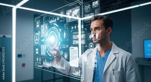 Doctor Interacts with Advanced Holographic Medical Interface Displaying Complex Biological Data and Global Health Metrics for Futuristic Healthcare Solutions