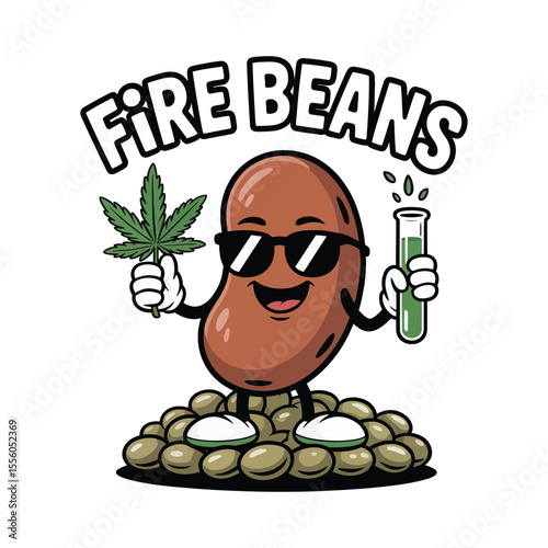 Cartoon character bean holding cannabis leaf and test tube with the text fire beans
