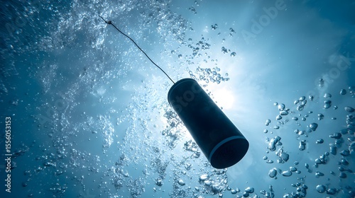 Cylindrical container rises buoyantly tethered by cable in deep blue water