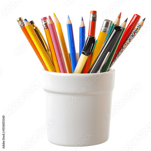 Pen holder cup with assorted pens and pencils, isolated PNG.