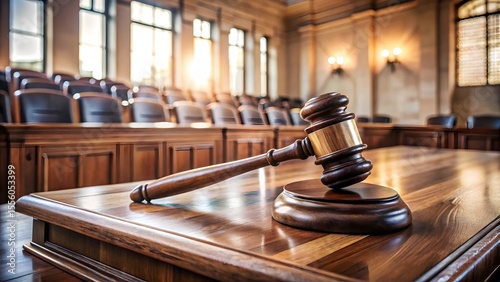 Gavel resting on a polished wooden desk in a sunlit courtroom with rows of empty chairs