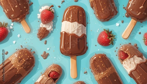 Chocolate ice cream pops topped with fresh strawberries and drizzled with chocolate sauce on a white plate.
