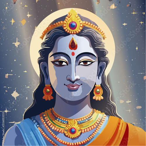 A beautifully illustrated artwork depicting a serene and majestic figure of a deity adorned with intricate jewelry, radiating divine grace.