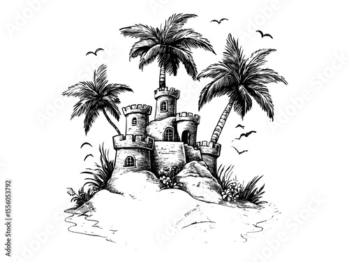 Summer sandcastle sketch, retro beach scene, vintage vacation decor, engraved childhood style, tropical art, trendy illustration, black ink drawing, seaside engraving, timeless summer art