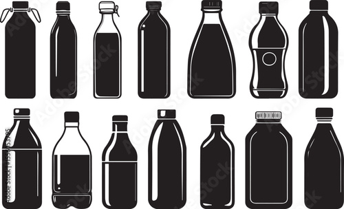 Water Bottle Icons. Flat icon set of water bottle varieties plastic bottle, stainless steel bottle, glass bottle, collapsible.