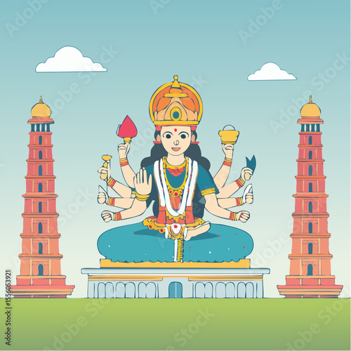 A vibrant illustration depicting a multi-armed Hindu goddess seated on a platform, flanked by two ornate towers, set against a serene blue sky.