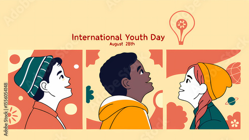 International youth day august illustration with diverse children looking up for youth day promotion design