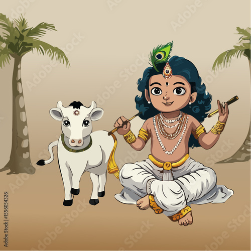 Adorable illustration of a cartoon Krishna with a peacock feather in his hair, sitting cross-legged with a white cow in a serene, neutral-toned background.