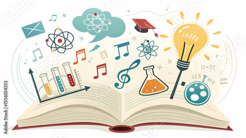 Science education book illustration with atom lightbulb music notes and chemistry for creative learning
