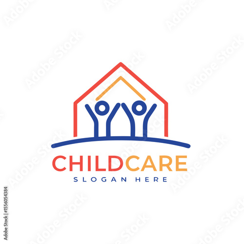 Childcare vector logo featuring institution of caring and protecting children with warmth and playful nature