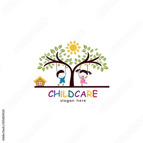 Childcare vector logo featuring institution of caring and protecting children with warmth and playful nature