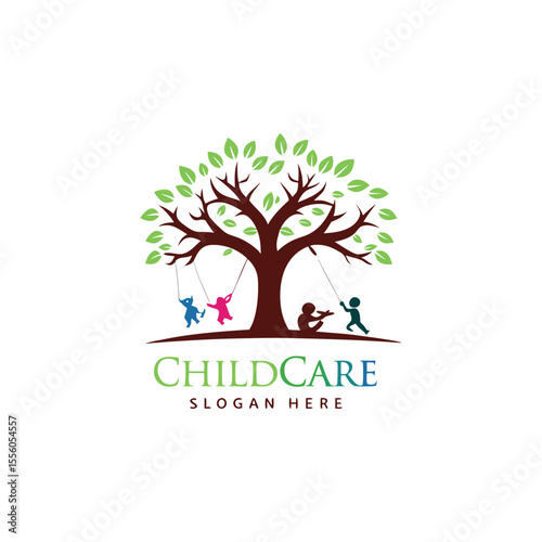 Childcare vector logo featuring institution of caring and protecting children with warmth and playful nature
