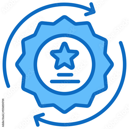Brand Loyalty Blue Fill Outline Style Icon - Circular badge with arrows showing repeat engagement or customer loyalty to a brand or service
