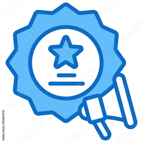 Brand Promotion Blue Fill Outline Style Icon - Award badge with megaphone, symbolizing public promotion or endorsement of a product or achievement