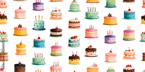 Watercolor birthday cake seamless pattern. Chocolate strawberry cream desserts. Kids party decoration, wallpaper print vector