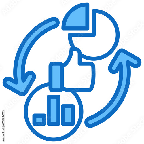 Content Strategy Blue Fill Outline Style Icon - Pie chart and arrows illustrate the process of content planning, strategy, and distribution