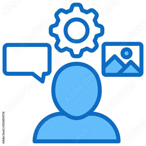 Content Creator Blue Fill Outline Style Icon - Person with gear and media icons, representing a digital content creator or online publisher