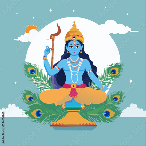 Illustration depicting a serene deity in a meditative pose, adorned with traditional attire, surrounded by peacock feathers, and a sun in a tranquil, blue-toned background