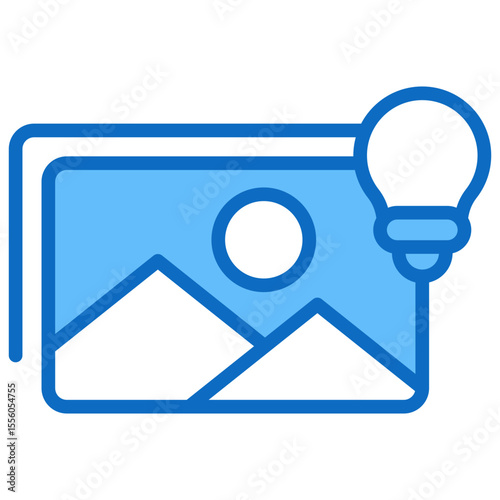 Creative Content Blue Fill Outline Style Icon - Image and lightbulb indicate visual ideas and creative content generation
