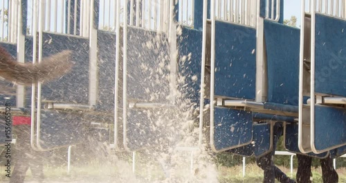 Jockeys on a horses running around a dirt track at day. 