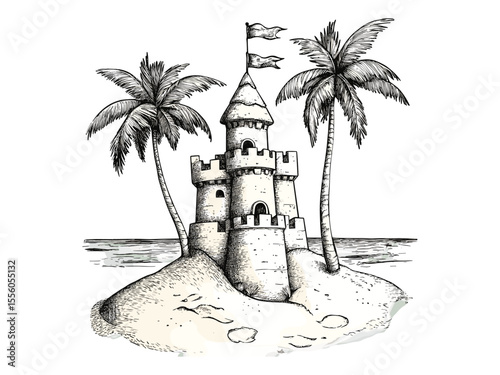Vintage beach fun scene, summer sandcastle engraving, retro vacation decor, engraved childhood motif, trendy tropical illustration, black sketch, old engraving style, hand-drawn art
