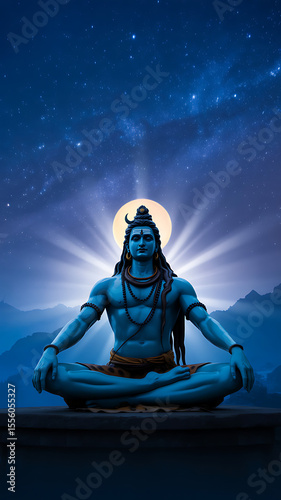 Divine blue deity meditating under starry sky lord shiva