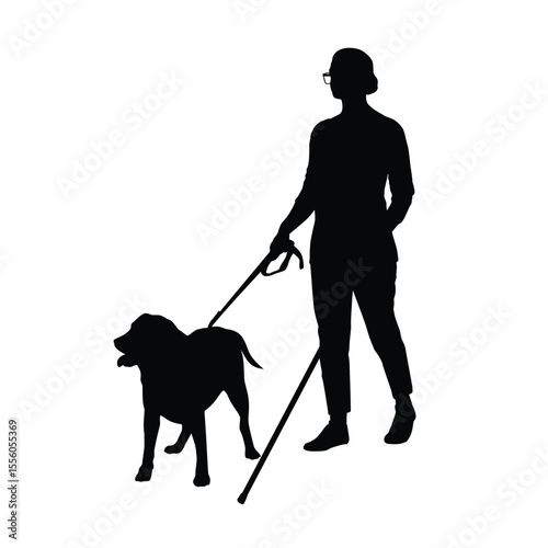 Silhouette of a Blind Person Walking With a Guide Dog and Cane