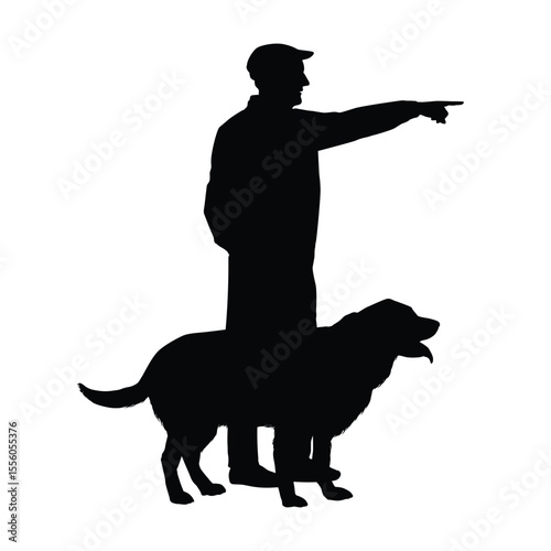 Silhouette of a Man Pointing with a Dog Beside Him