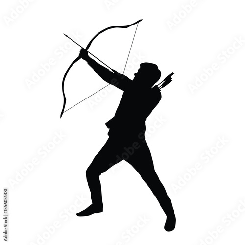Silhouette of an Archer Aiming a Bow with Arrows in Action