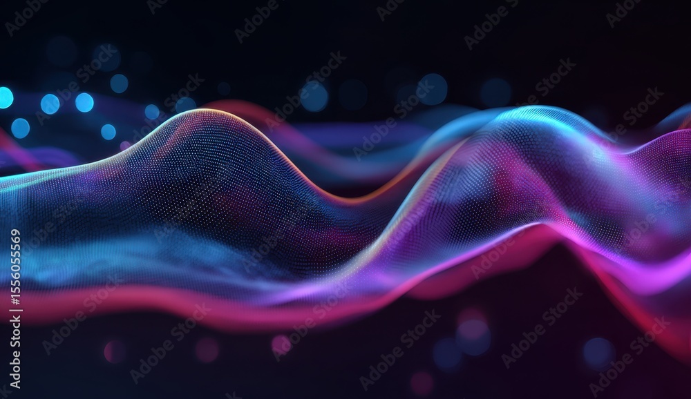 Fototapeta premium Ethereal digital waves flow in vibrant hues of blue and pink, creating a mesmerizing abstract landscape.