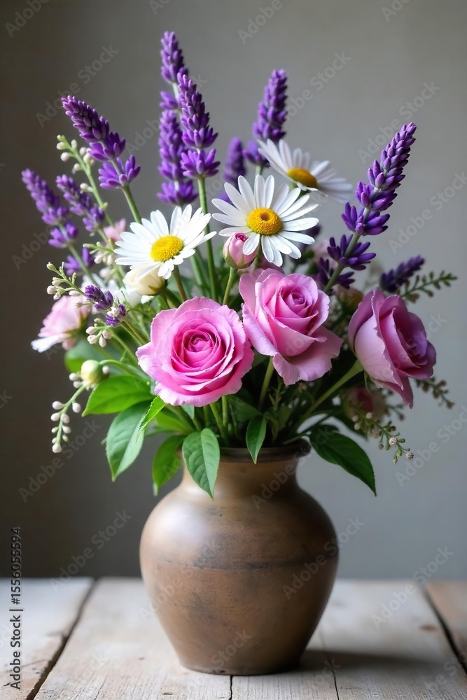 Naklejka premium A serene arrangement of lavender, chamomile, and roses in a rustic vase, exuding tranquility and calm Perfect for spa, wellness, aromatherapy, and relaxation themes , relaxation, organic, spa