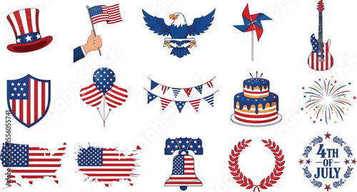 Patriotic fourth of july icons featuring american flags and symbols on a white background design theme