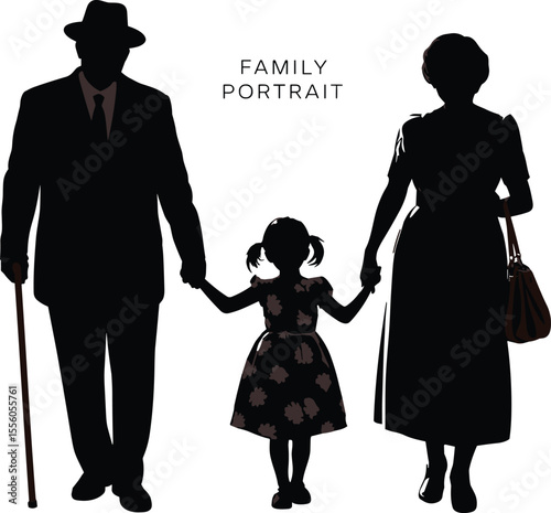 Silhouette Family Portrait with Grandparents and Child Holding Hands, Generational Bond, Vintage Style, Love, Togetherness, Black Vector Illustration Art