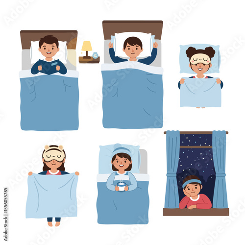 Collection of Characters Showing Bedtime Routines and Sleep Habits