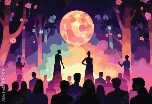 Vector illustration of a lively party with dancing people silhouettes including men, women, and children under colorful disco lights. Perfect for celebration, club, fashion, and night event designs.

