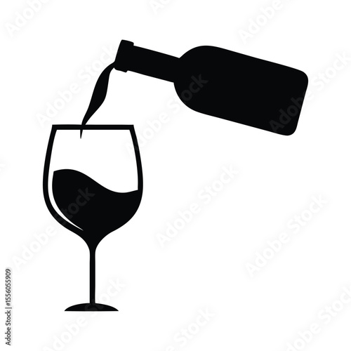Red wine pours into a crystal glass, an isolated alcoholic beverage for celebration wine bottle with glass silhouette icon
