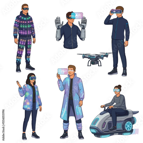 Set of Characters in Futuristic Clothing Using Metaverse and AR Technology