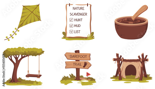 A set of vintage vector illustrations depicting farm animals and rustic wooden furniture