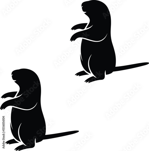 Silhouette of two prairie dogs standing upright, alert and curious, isolated on white background, wild animal wildlife nature concept illustration