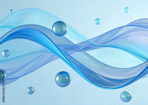 3D abstract wave liquid background with glass ribbon fluid and blue shapes. Holographic gradient for iridescent flow texture and light effect. Futuristic motion curves with geometric element.