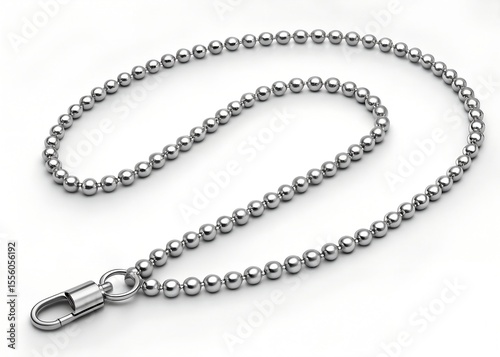 Metallic ball chain necklace with round beads and a connector clasp. 3D rendering isolated on transparent background