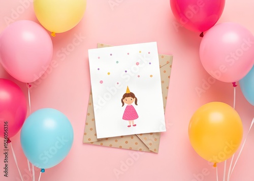 Happy birthday greeting card clipart design. Birthday girl invitation card and wishes clip art with floating balloons in pink background vector illustration