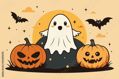 A charming illustration featuring a happy, cartoon ghost standing between two friendly jack-o'-lantern pumpkins against a backdrop of a pale orange sky with bats, stars, and clouds.