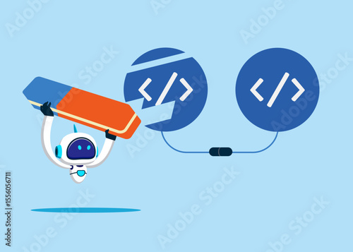 Robot removed coding program with eraser. Flat vector illustration