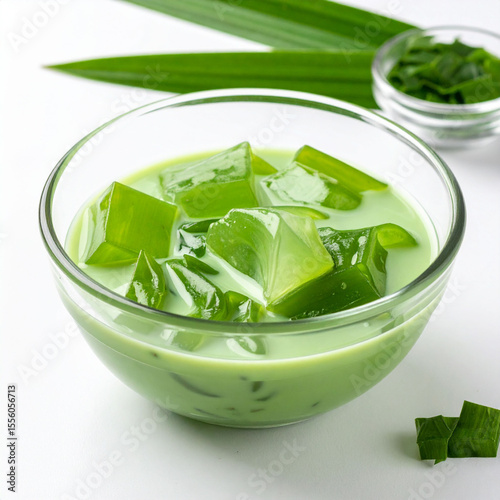 the image showcases a glass bowl filled with a green tinted liquid, containing translucent green cubes of varying sizes. the cubes appear like jelly or gelatin, partially submerged in the liquid